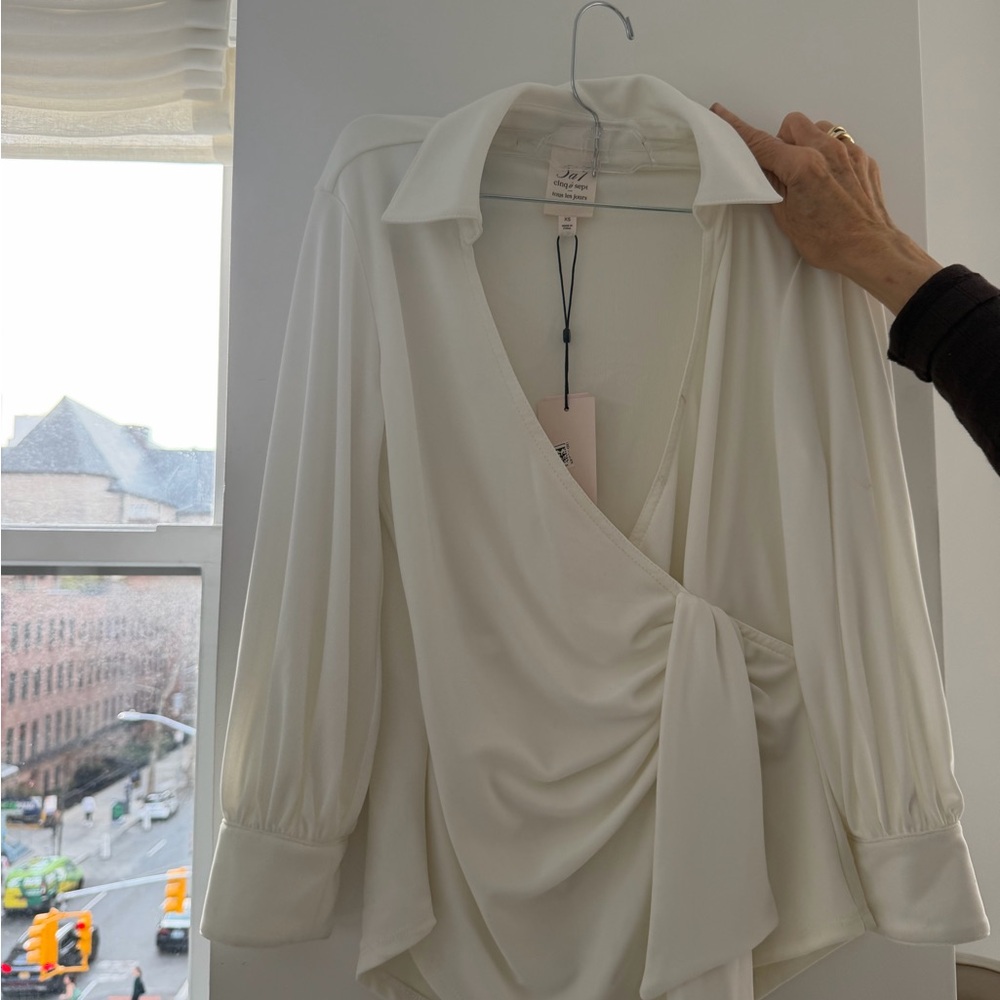 cinq a sept Cream Wrap-Front Blouse with Tie Detail